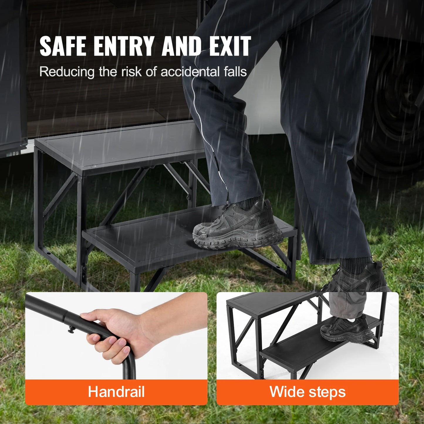 SucceBuy RV Steps 2-Step RV Stairs 440 LBS Load Capacity Thickened Carbon Steel With Handrail Non-Slip Steps for Safe Entry Exit