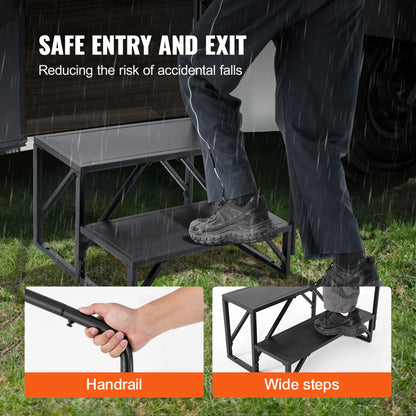 SucceBuy RV Steps 2-Step RV Stairs 440 LBS Load Capacity Thickened Carbon Steel With Handrail Non-Slip Steps for Safe Entry Exit