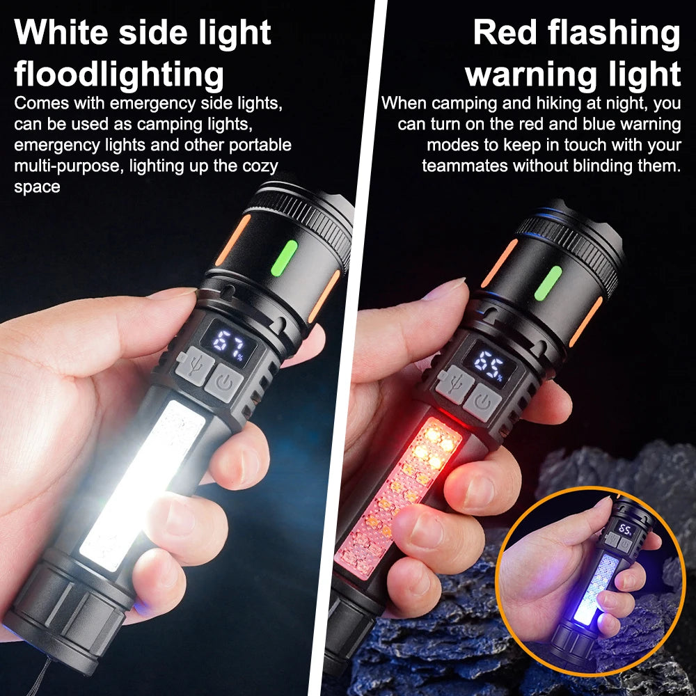 Smart Display LED Flashlight Rechargeable Type-c Torch Red/Blue Flashing Warning Light with Side Lamps Emergency Work Light