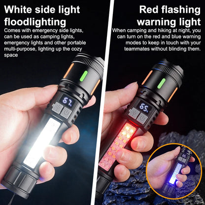 Smart Display LED Flashlight Rechargeable Type-c Torch Red/Blue Flashing Warning Light with Side Lamps Emergency Work Light