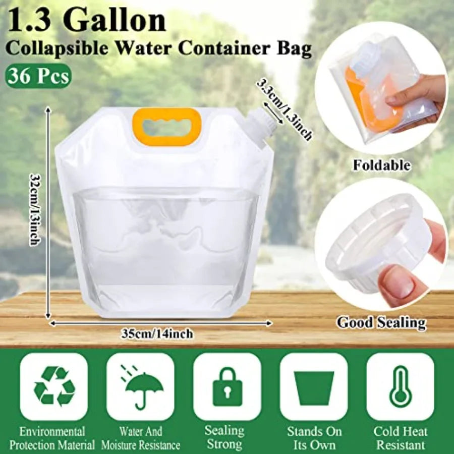 36 Pcs 1.3 Gallon Collapsible Clear Water Storage Bag Freezable Foldable Plastic Container for Outdoor Camping Emergency Use