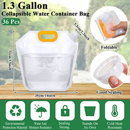36 Pcs 1.3 Gallon Collapsible Clear Water Storage Bag Freezable Foldable Plastic Container for Outdoor Camping Emergency Use