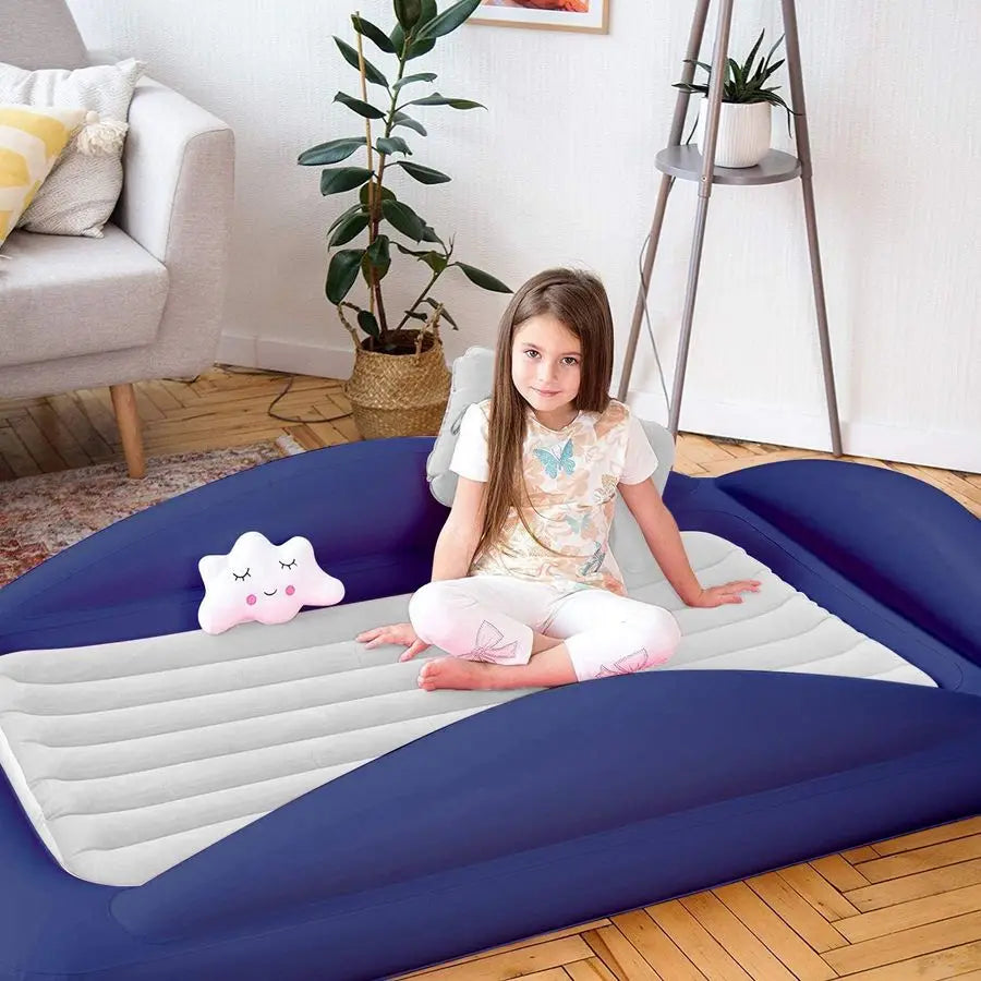 Inflatable Toddler Travel Bed Portable Kids Air Mattress Set w Safety Rail Guards for Kids amp Toddlers Includes Pump, Carry Cas