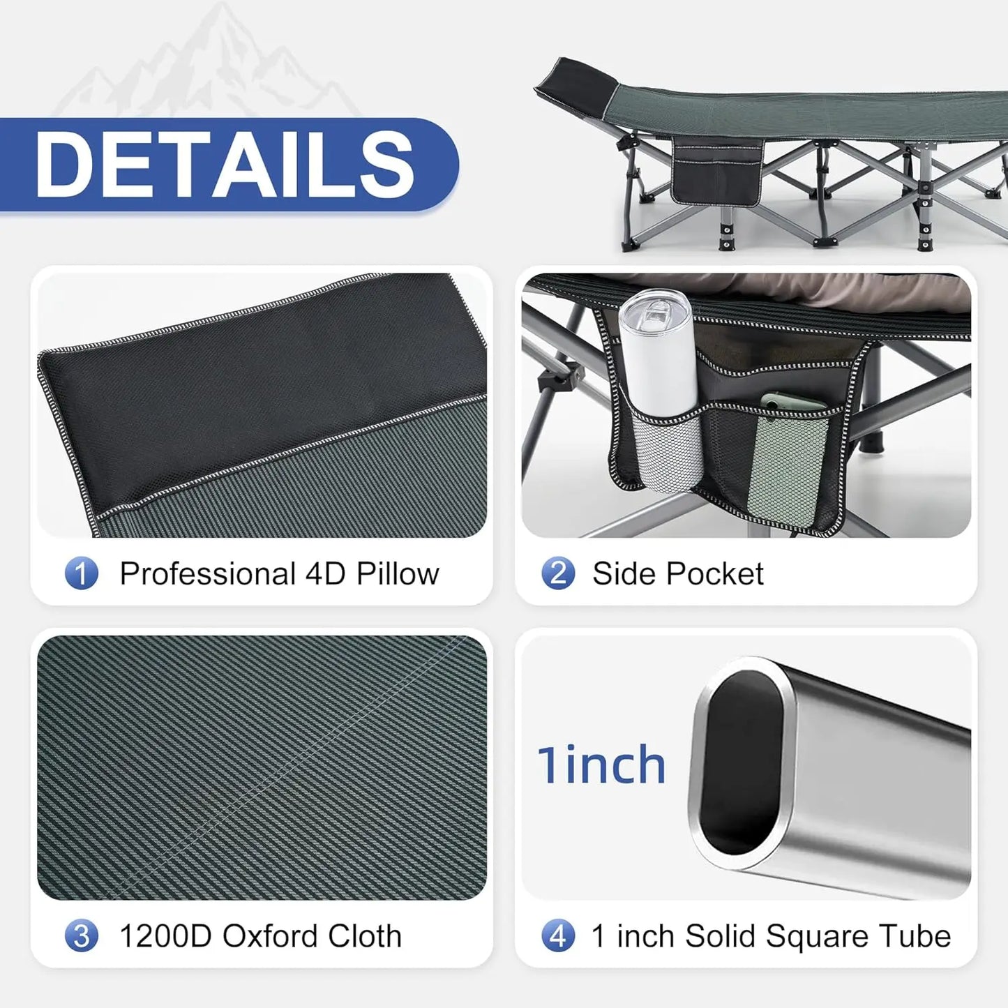 Portable Camping Cot with Mattress, Pillow & Bag for Adults - 600 LBS Capacity, Grey+Black