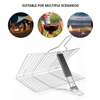 BBQ Grilling Basket Folding Fish Grill Basket Wooden Handle Vegetable Grill Basket Stainless Steel for Household Outdoor Camping