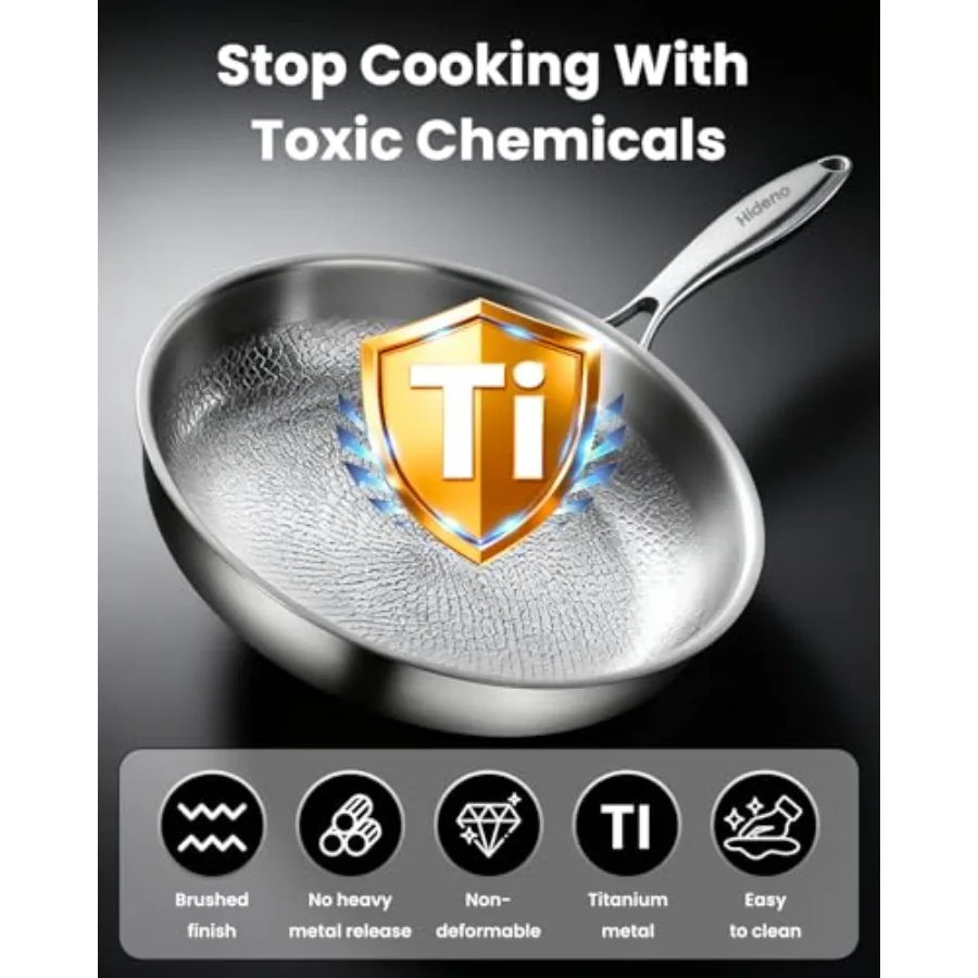 Titanium Frying Pans for Cooking Non Stick with Lid 11.81in Upgraded Non-toxic Pro Cookware Grill Pot for Stove Tops Camping Sk