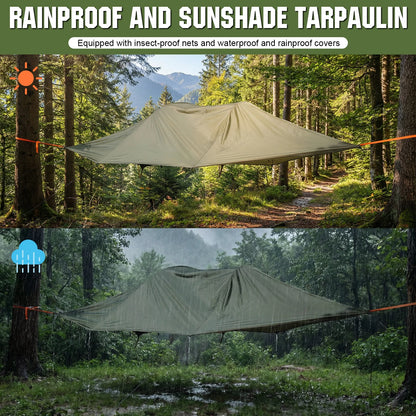 Outdoor Camping Hammock Quick Opening Hanging Hammocks Bed Net with Mosquito Net & RainFly 3 Point Hammock Tent Lay Flat Hammock