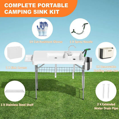 Portable Folding Fish Cleaning Table with Dual Sinks, Faucet, and Storage for Outdoor Camping and Picnics