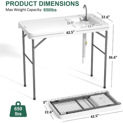 42.5" Fish Cleaning Table with Sink, Folding Camping Table & Fish Cleaning Station with Measure Mark, Camping Sink with Hose Hoo