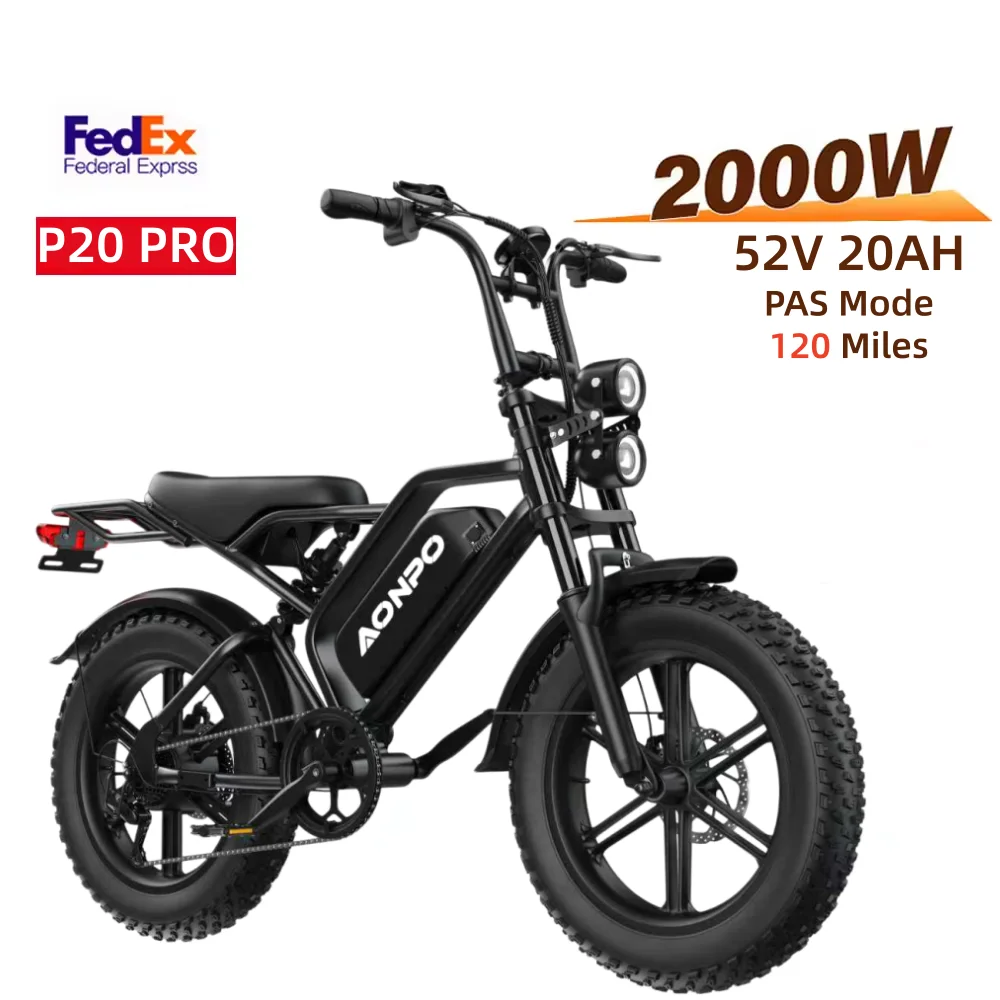 AONPO P20 Electric Bicycle 2000W Powerful motor 52V20AH lithium battery Mountain adult Electric Bike 20 Inch Fat Tire E-bike