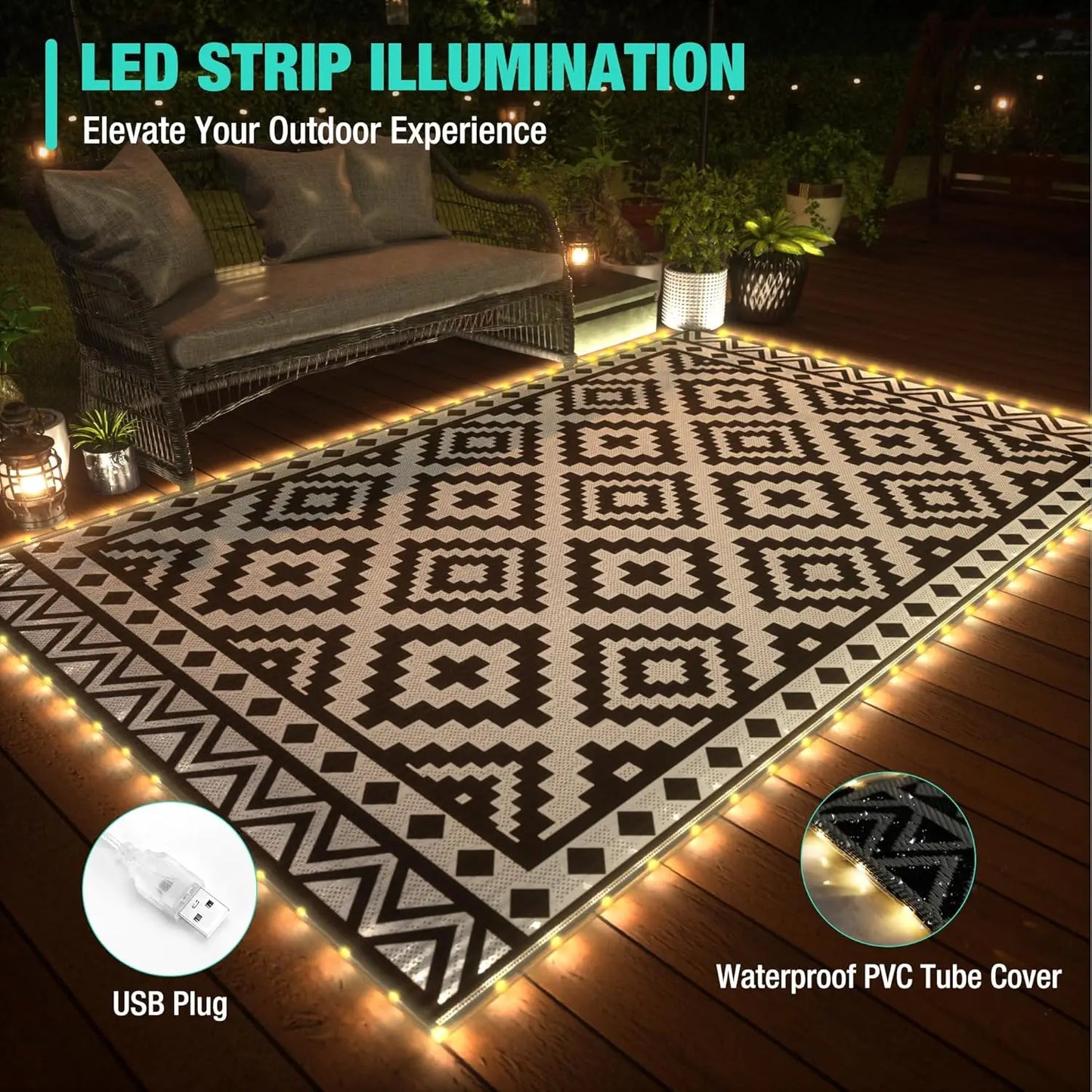 5'X8' Waterproof Outdoor Rug with LED Lights, Reversible Plastic Straw Mat for Patio, RV, Camping & Beach