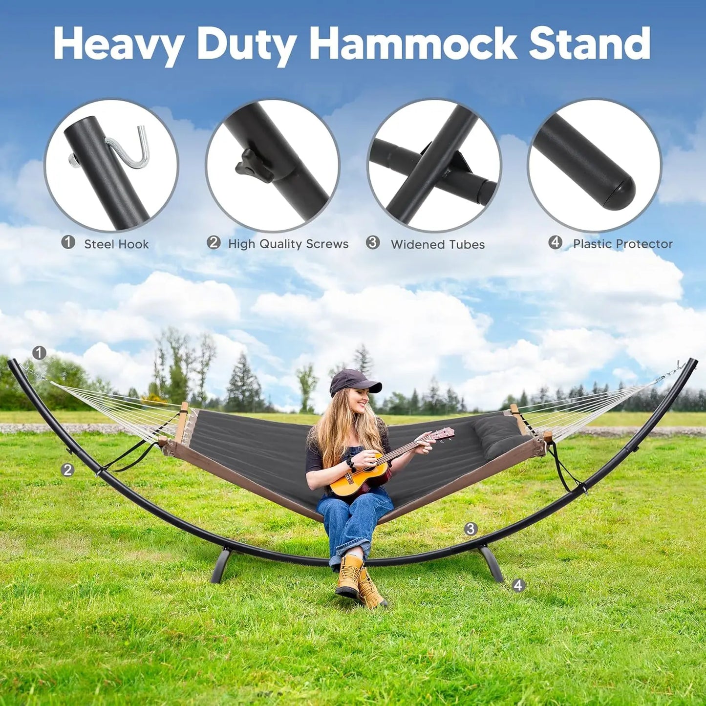 Portable Hammock with Stand, Foldable Patio Swing for 2-3 People, Heavy Duty Dark Gray