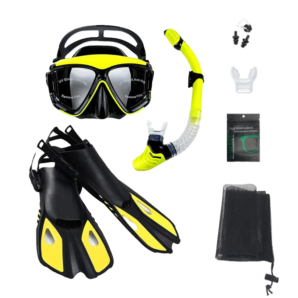 Mask Fins Snorkel Set, Snorkeling Gear for Adults, Panoramic View Snorkel Mask Anti-Fog, Adjustable Dive Flippers, Dry Top Snork