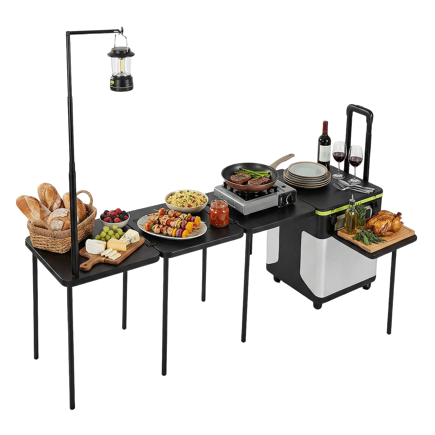 Multifunctional Outdoor Kitchen Station with Wheels Rolling Master Cook Station with Light Poles for Home BBQ Tailgates Cookouts
