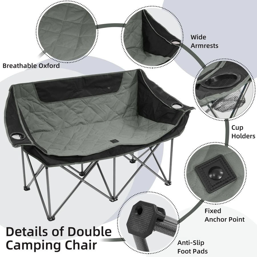 Double Camping Chair, 2 Person Oversized Loveseat for Adults, Portable Heavy Duty Outdoor Folding Chair with Arms, Cup Holder Ca