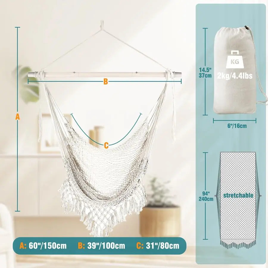 Hammock Chair Super Large SoftSpun Cotton Rope Weaving Hanging Chair, Collapsible Strong Metal Spreader Bar Wide Seat Lace Stret