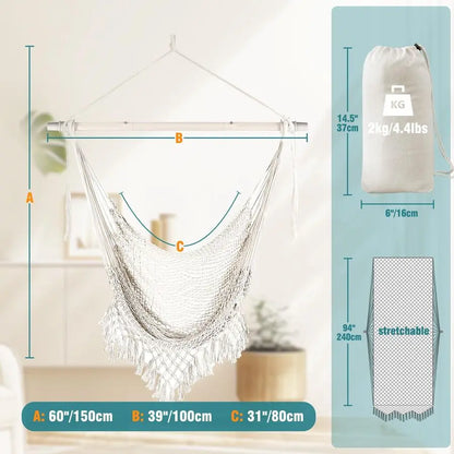 Hammock Chair Super Large SoftSpun Cotton Rope Weaving Hanging Chair, Collapsible Strong Metal Spreader Bar Wide Seat Lace Stret