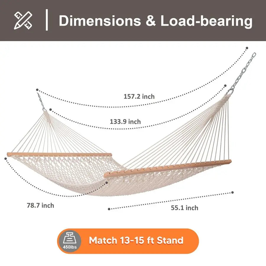 Hammocks Traditional Rope Double Hammock with Hardwood Spreader Bar and Carrying Bag, 450 lbs Capacity, Natural