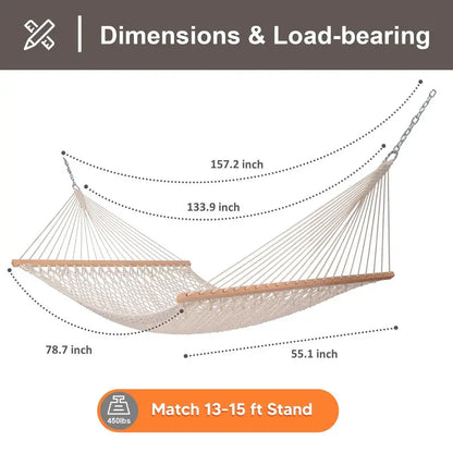Hammocks Traditional Rope Double Hammock with Hardwood Spreader Bar and Carrying Bag, 450 lbs Capacity, Natural