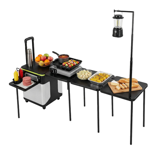 Rolling Master Cook Station with Wheels Folding Overland Camping Kitchen Table with Light Poles for Picnic Beach RV Traveling