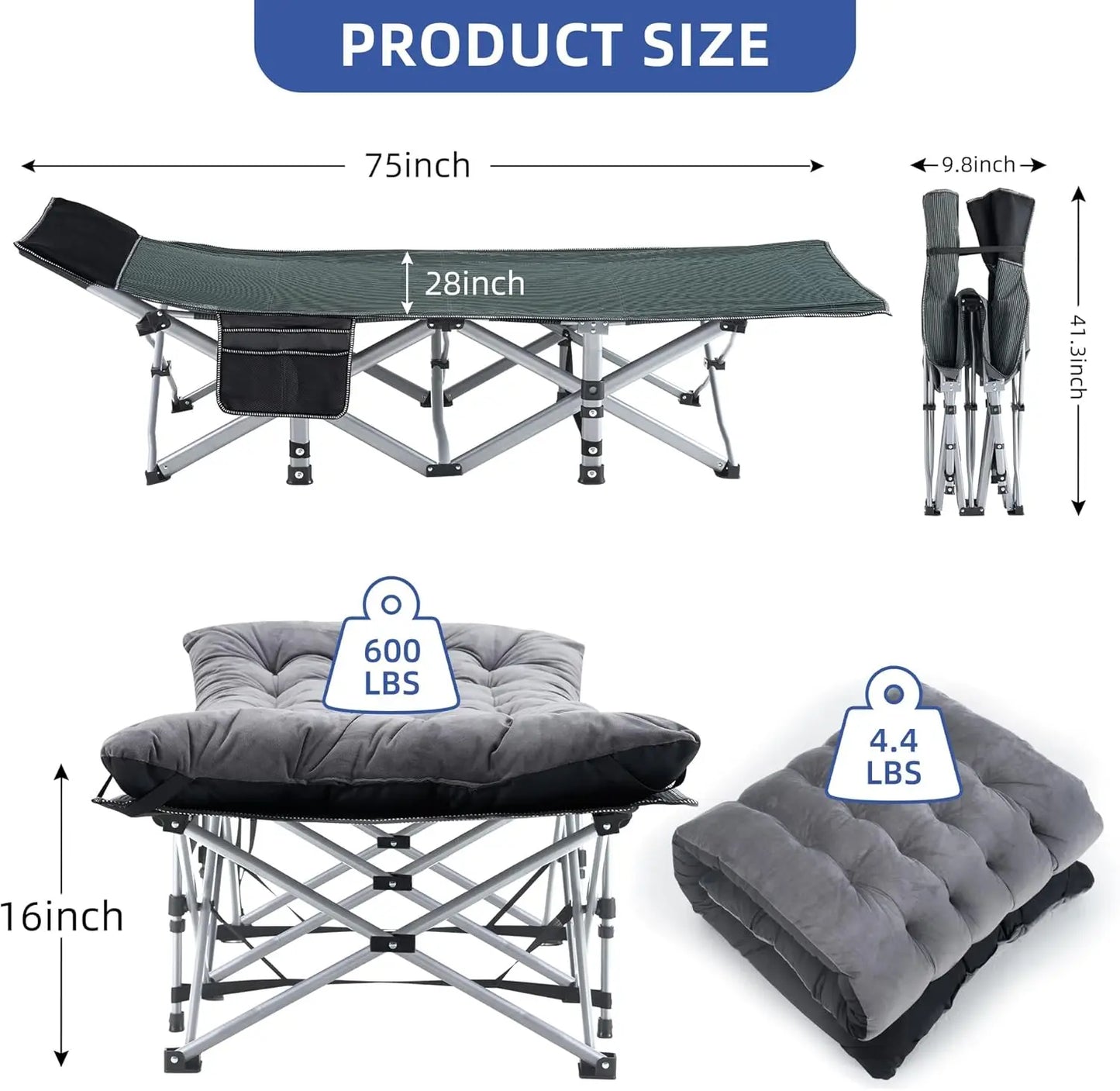 Portable Camping Cot with Mattress, Pillow & Bag for Adults - 600 LBS Capacity, Grey+Black