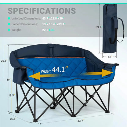 Extra Large Camping Loveseat for Two - Heavy Duty 850LBS Capacity, Padded Folding Chair with Drink Holders & Storage
