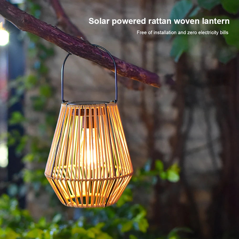 Rattan Solar Lantern IP65 Waterproof Hanging/Standing Outside Big Rattan Solar Light with Handle for Yard Garden Home Decoration