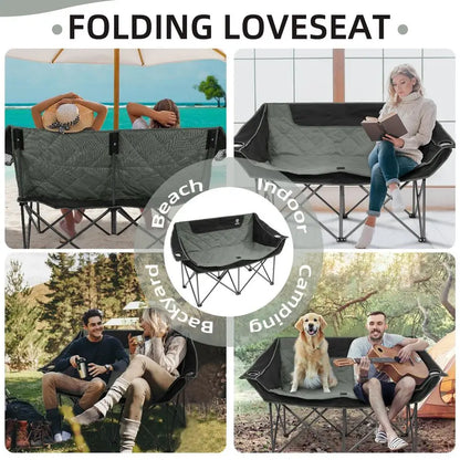 Double Camping Chair, 2 Person Oversized Loveseat for Adults, Portable Heavy Duty Outdoor Folding Chair with Arms, Cup Holder Ca