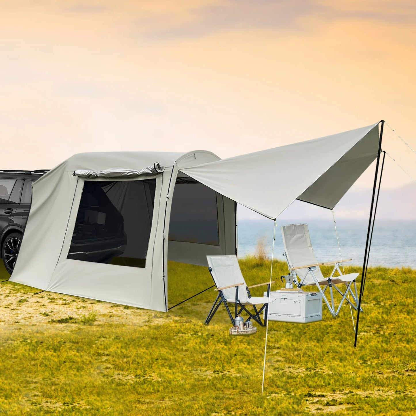 Car Awning Outdoor Tent, Car Tent Attachment for Camping 4-6 Person SUV Sedan Tailgate Awning Shelter Extension, 4.85*2.4*1.95m