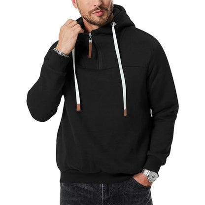 Men s Lightweight Hooded Sweatshirt with Solid Color and 1 3 Zipper Closure Long Sleeve Pullover for Fall Streetwear Style