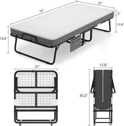 Folding Bed with Mattress - Portable Foldable Roll Away Adults Bed for Guest,Thick Luxurious Memory Foam, Customized
