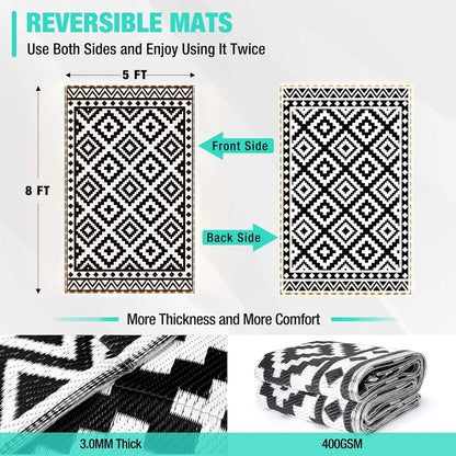 5'X8' Waterproof Outdoor Rug with LED Lights, Reversible Plastic Straw Mat for Patio, RV, Camping & Beach