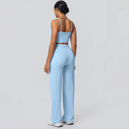 Women Quick Drying Gym Sports Fitness Clothing Yoga Set Backless Sexy Strap Bra with Chest Pad High Waisted Wide Leg Pants Set
