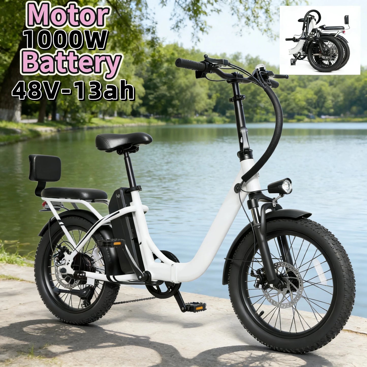48V13AH detachable battery electric scooter, 20-inch foldable parent-child riding E-BIKE. , 1000W brushless motor electric bicyc