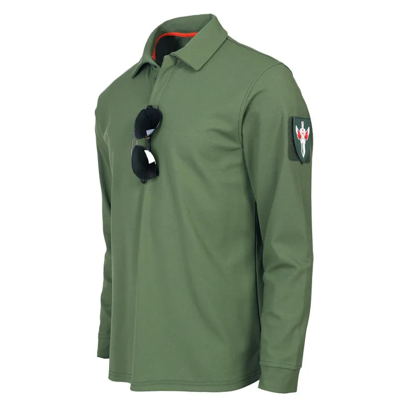Mens Quick Dry Tactical Polo Shirt Summer Breatable Outdoor Training Top Embroidered Logo Turn-down Collar Long Sleeve Clothes