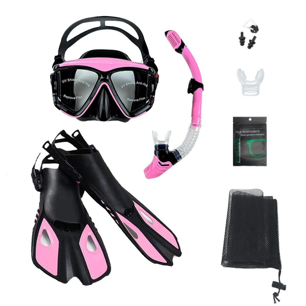 Mask Fins Snorkel Set, Snorkeling Gear for Adults, Panoramic View Snorkel Mask Anti-Fog, Adjustable Dive Flippers, Dry Top Snork
