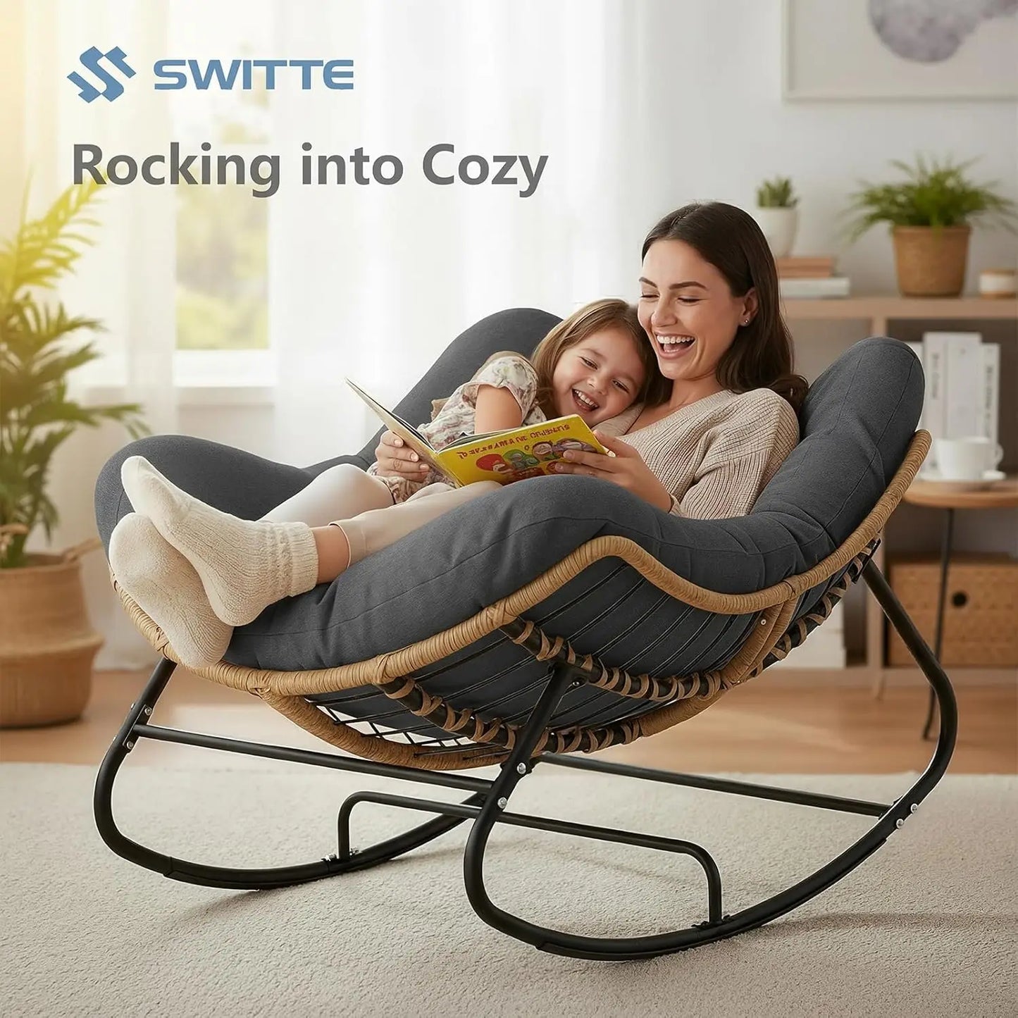 Outdoor Rocking Chair, Oversized Patio Papasan Rocker, Comfy Wicker Reading Lounge, Indoor Egg Chair for Bedroom,, Customized