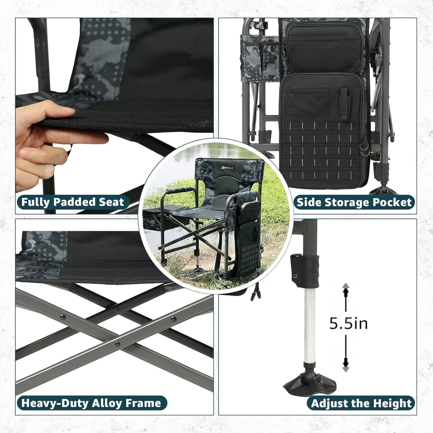 Folding Fishing Chair with Rod Holder, Adjustable Legs and Cooler Bag for Outdoor Camping, Ice Fishing, Patio