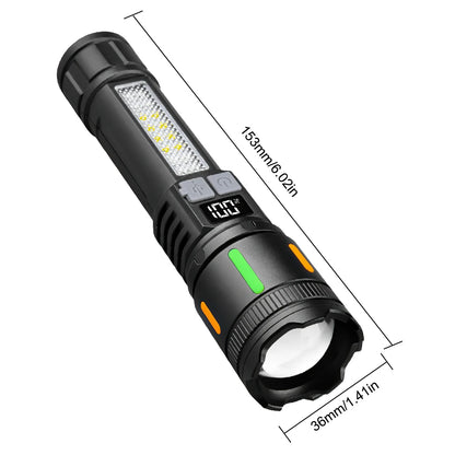 Smart Display LED Flashlight Rechargeable Type-c Torch Red/Blue Flashing Warning Light with Side Lamps Emergency Work Light