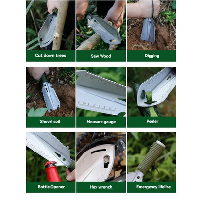 Folding Survival Shovel, Stainless Steel Multi-Tool Camping Spade with Pickaxe & Saw, Portable Tactical EDC Gear for Hiking