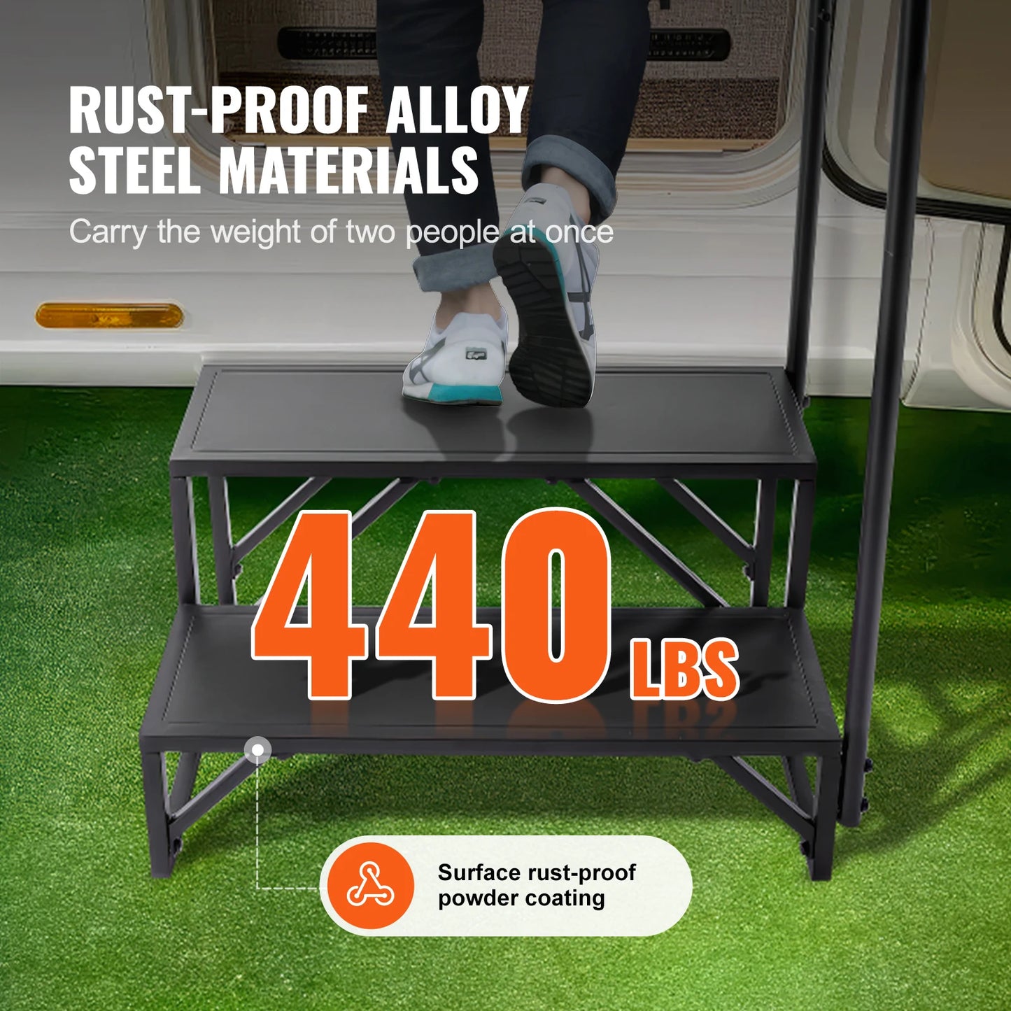 SucceBuy RV Steps 2-Step RV Stairs 440 LBS Load Capacity Thickened Carbon Steel With Handrail Non-Slip Steps for Safe Entry Exit
