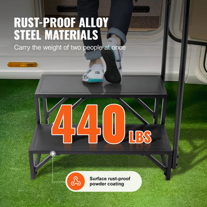 SucceBuy RV Steps 2-Step RV Stairs 440 LBS Load Capacity Thickened Carbon Steel With Handrail Non-Slip Steps for Safe Entry Exit