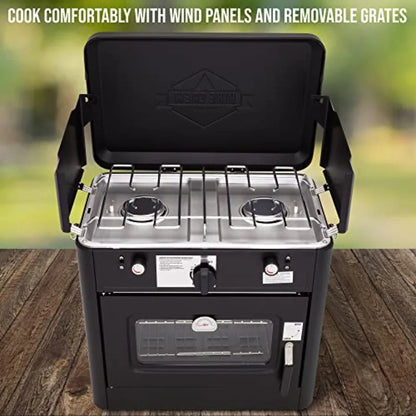 Outdoor Gas Camping Oven w/Carry Bag CSA Approved Portable Propane-Powered 2-Burner Stove with Auto Ignition and Overheat Safet