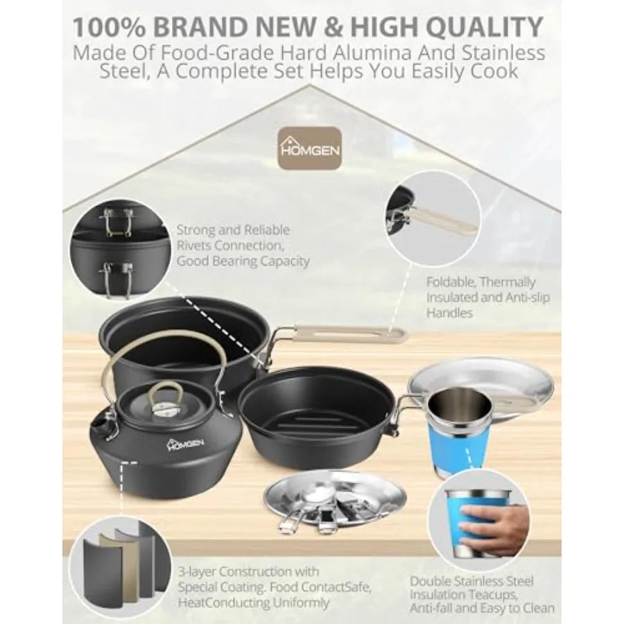 Ultralight Anodized Aluminum Camping Cookware Set for 2 People - Nesting Non Stick Pot/Pan with Foldable Handles Insulated Teap