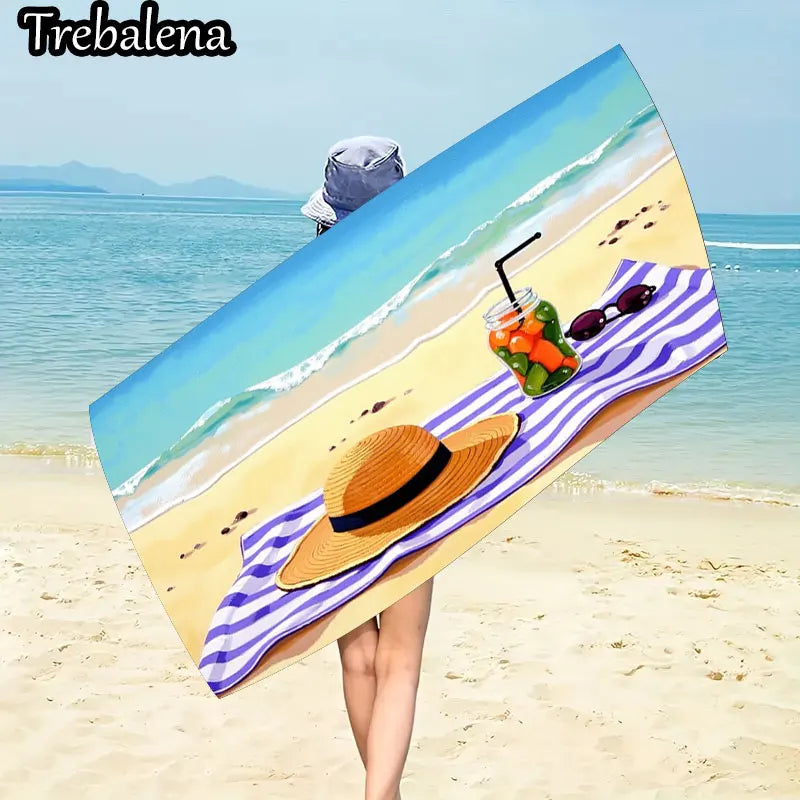 30*60inch Ultra-Soft Beach Towel with Beach Towel with Hat Sunglasses and Juice Print