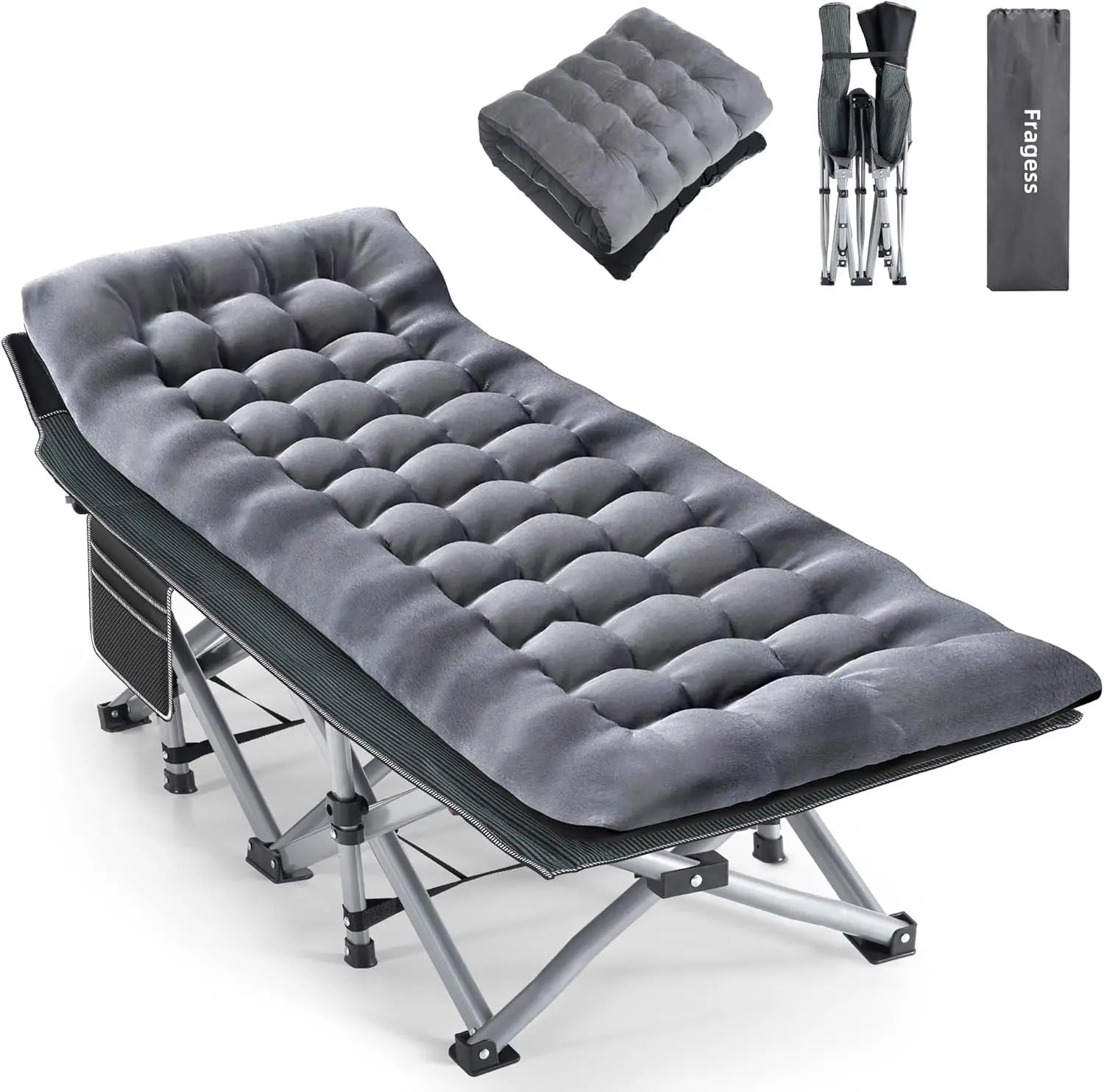Portable Camping Cot with Mattress, Pillow & Bag for Adults - 600 LBS Capacity, Grey+Black