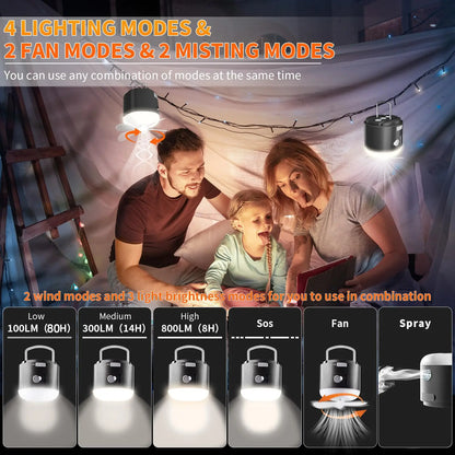 LED Camping Lantern Rechargeable, 3000mah Camping Tent Light with Fan, 4 Light Modes, Spray Function, Mini Light with Magnetic B