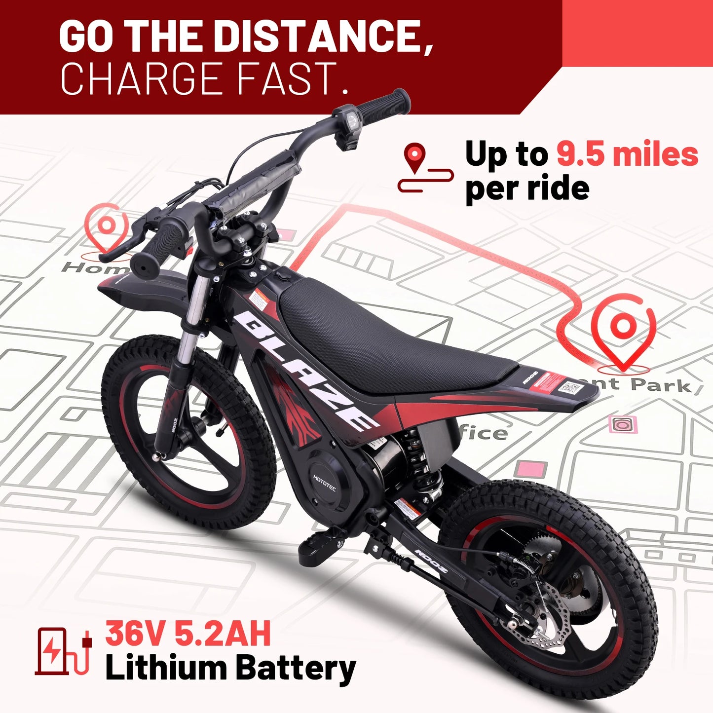 KOOZ HP01E 36V 350W Electric Dirt Bike for Kids, 2 Speed Modes, Electric Motorcycle Up to 15.5 MPH & 9.5 Miles Long-Range.