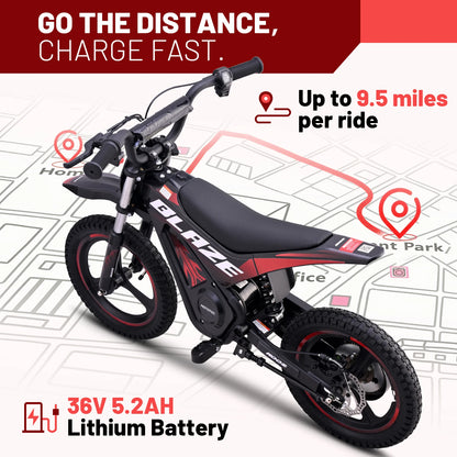 KOOZ HP01E 36V 350W Electric Dirt Bike for Kids, 2 Speed Modes, Electric Motorcycle Up to 15.5 MPH & 9.5 Miles Long-Range.