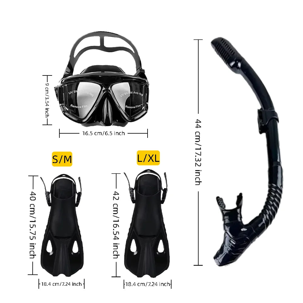 Mask Fins Snorkel Set, Snorkeling Gear for Adults, Panoramic View Snorkel Mask Anti-Fog, Adjustable Dive Flippers, Dry Top Snork